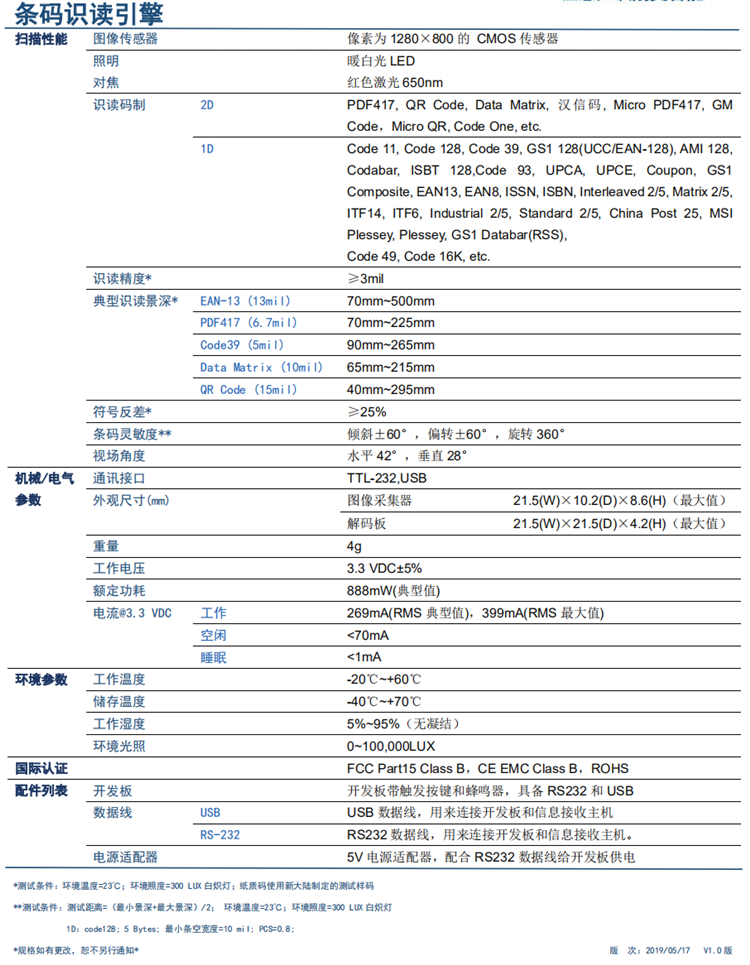 NLS-EM2596条码识读引擎产品参数